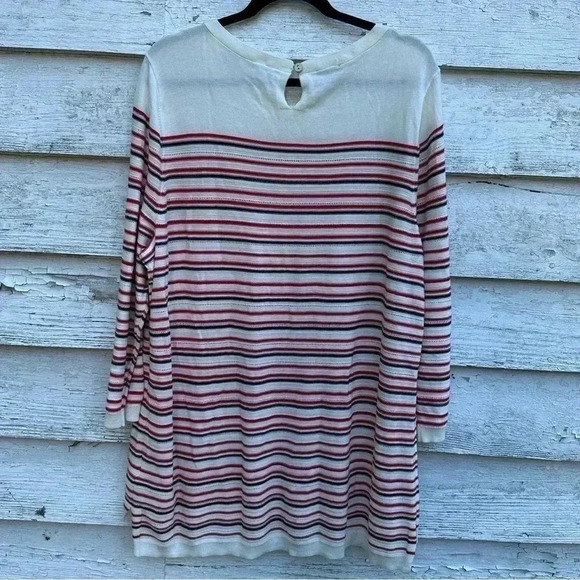Talbots Pullover Sweater Red Black Cream Stripes Pointelle Size 2X - Picture 2 of 5